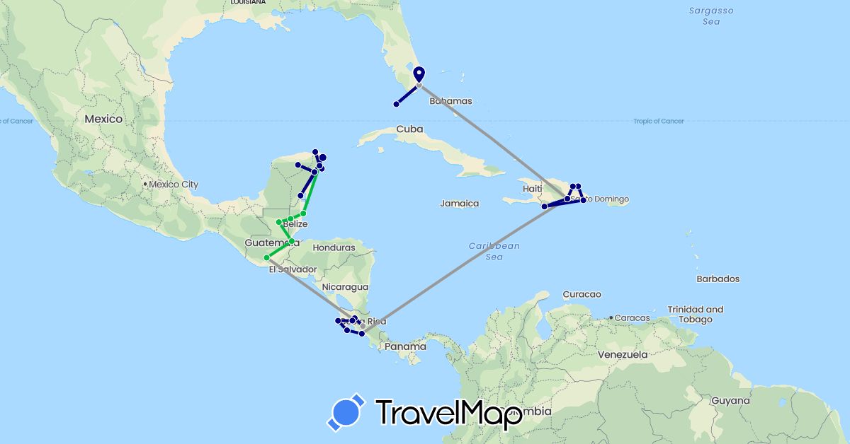 TravelMap itinerary: driving, bus, plane in Belize, Costa Rica, Dominican Republic, Guatemala, Mexico, United States (North America)